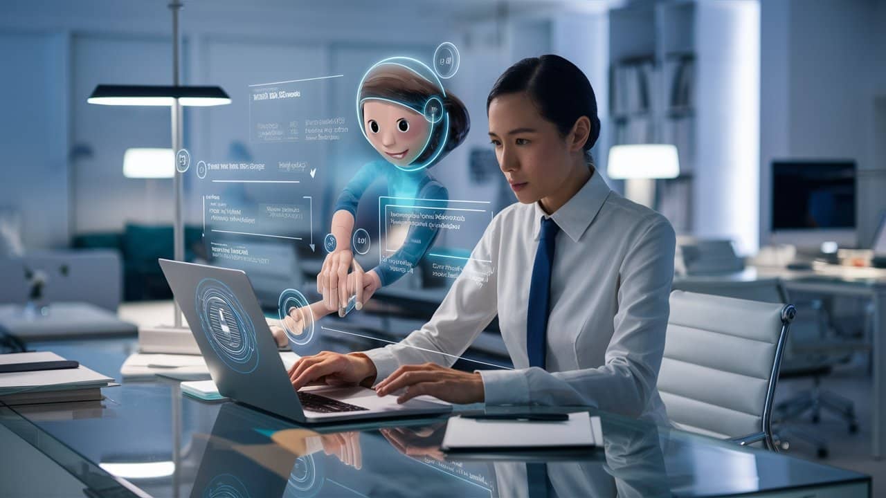 Businesswoman-Collaborating-with-Holographic-Virtual-Assistant