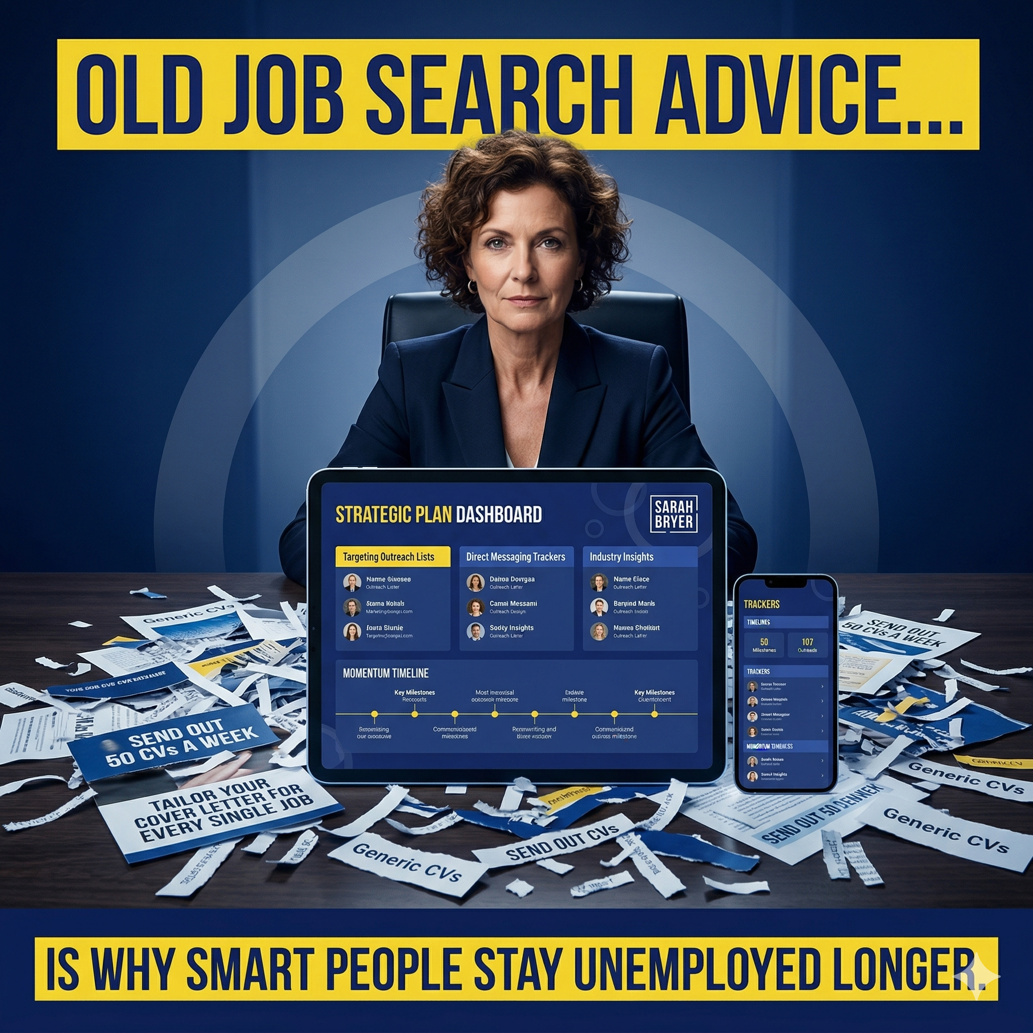 Picture of a middle-aged woman sat in a chair with a tablet and phone, surrounded by cut-up pieces of paper with old job search advice on it, including: - Send out 50 CVs a week - Tailor your cover letter for every single job The heading on there, in a yellow background with dark blue on top, says "Old job search advice is why smart people stay unemployed longer."